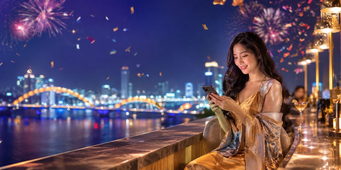 Không khí lễ hội tại Đà Nẵng và người dùng kiểm tra tài khoản thanh toán trực tuyến